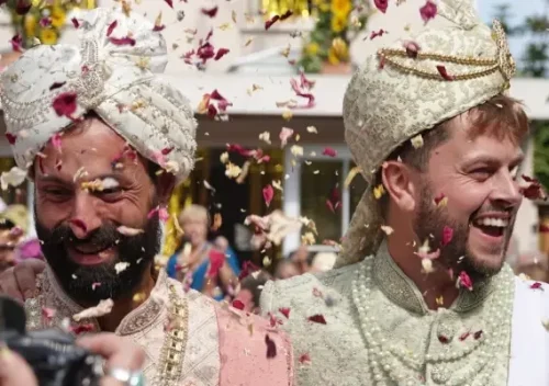 Couple who just got married covered in confetti