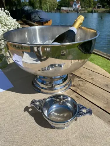 Champagne and inscribed bowl