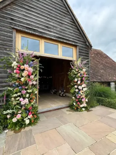 Wedding decorations around barn door